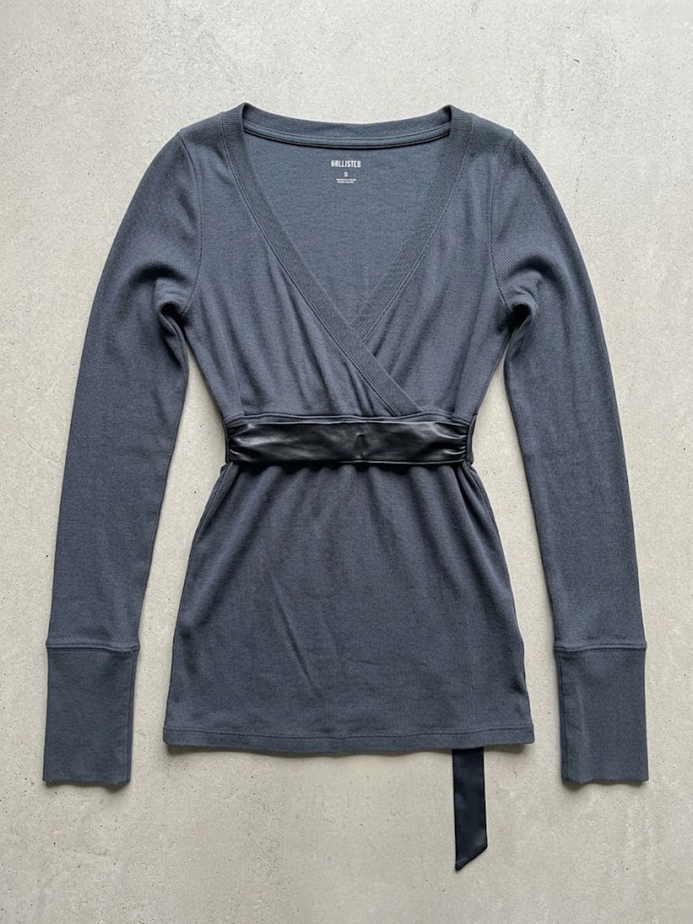Hollister Charcoal Wrap-Front Long Sleeve Top with Satin Waist Tie